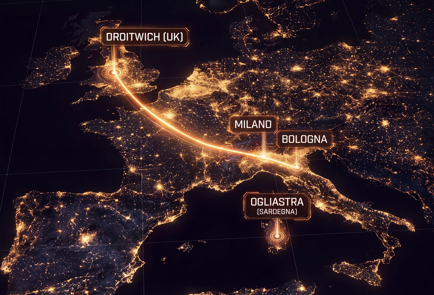Le sedi FreelanceBo sulla mappa dell'Europa di notte: Droitwich (UK), Milano, Bologna e Ogliastra in Sardegna